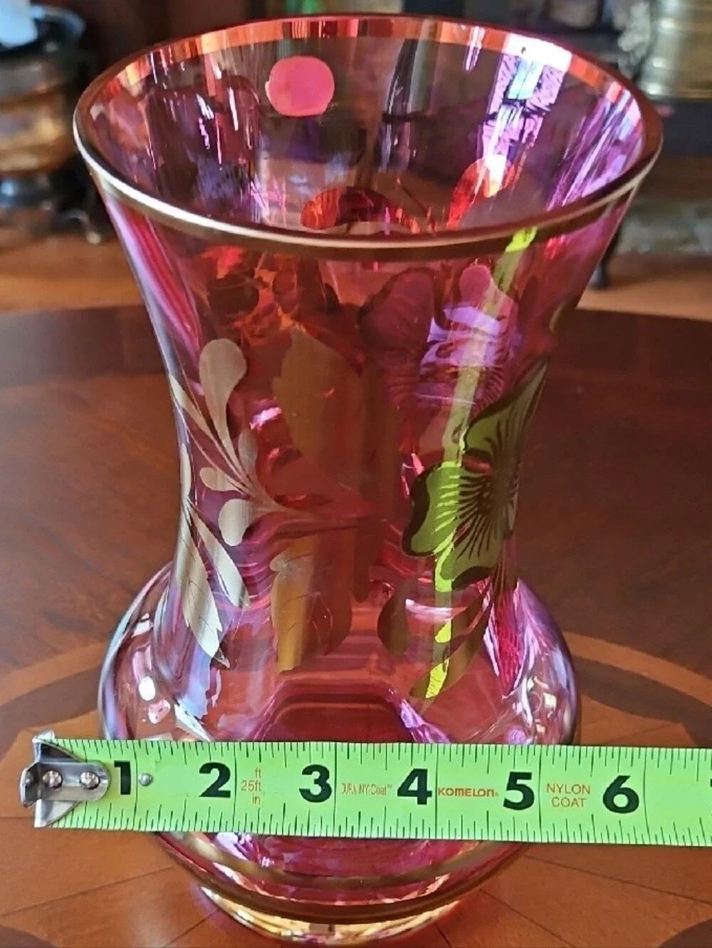 Gorgeous Bohemian Cranberry Glass Vase Gold Floral Hand Painted Czech Art Glass